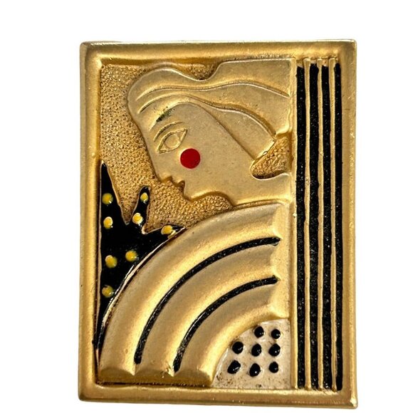 Signed AJC Cubism Artwork Brooch Matte Gold Tone Abstract Lady 1980s - Picture 2 of 7